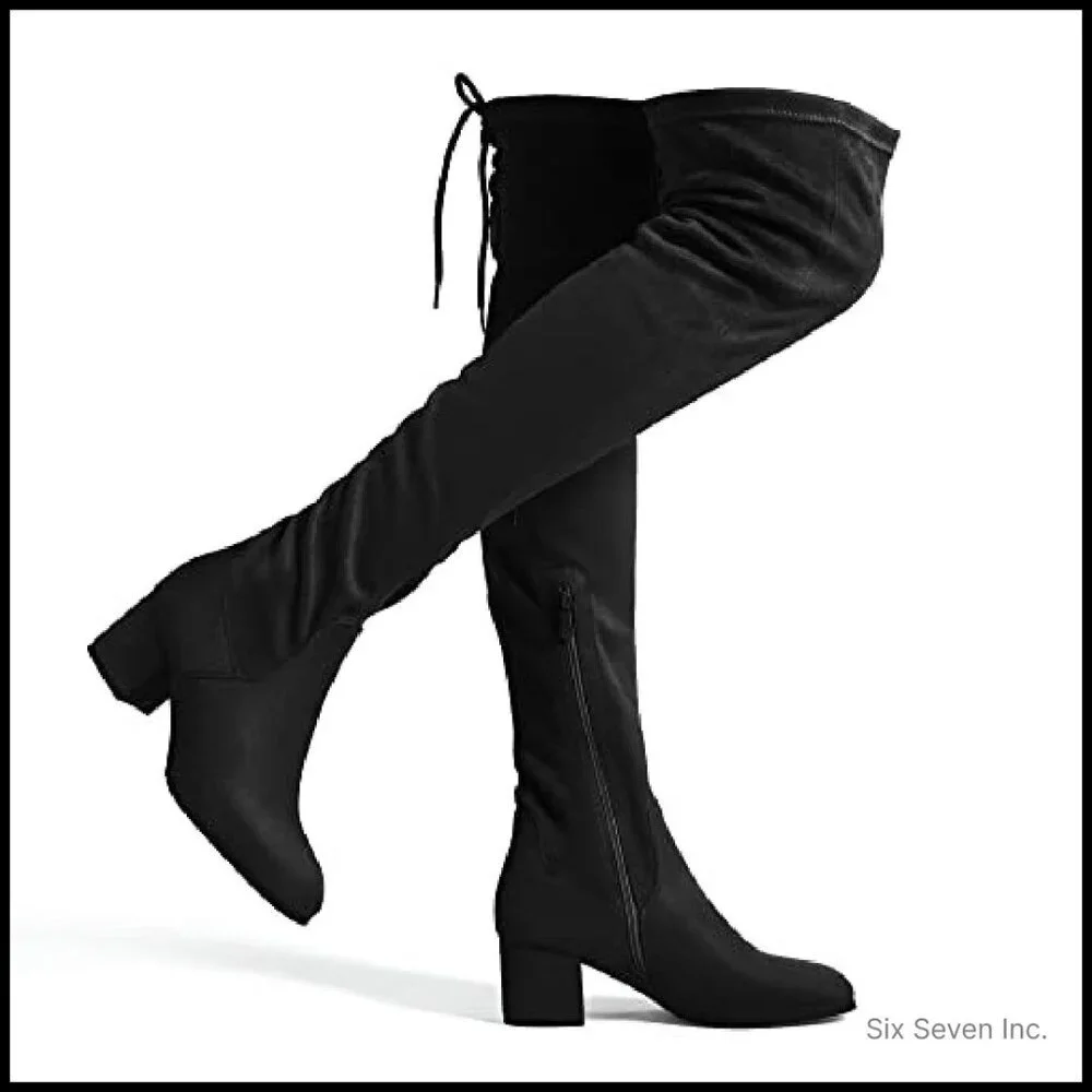 Chunky Heel Over The Knee Boots Stretch Sexy Fall Y2K Retro Elegant